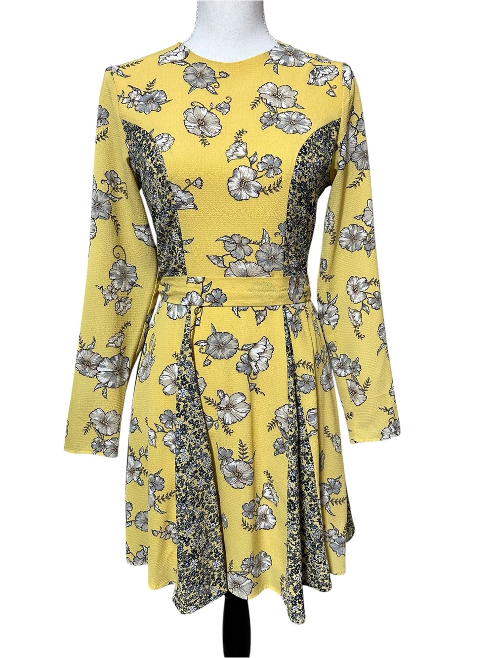 Xhilaration Yellow Floral Long-Sleeve Fit & Flare Dress with Contrast Panels